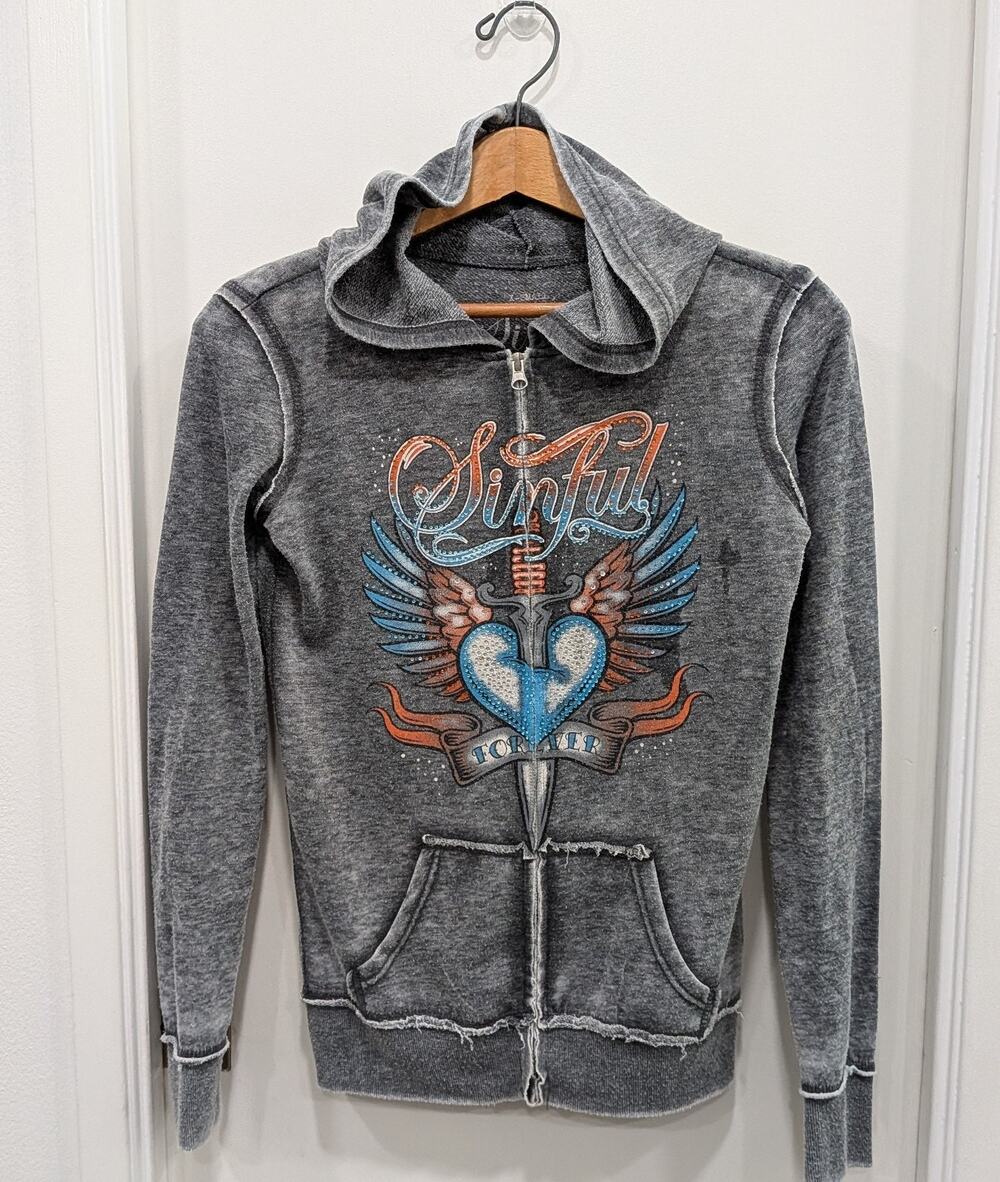 Sinful Affliction Y2K Heart Wings Grunge Zip Up Hoodie XS Mallgoth Distressed